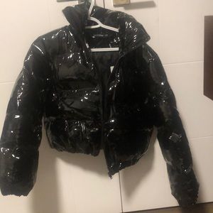 Black Cropped Vinyl Puffer Jacket